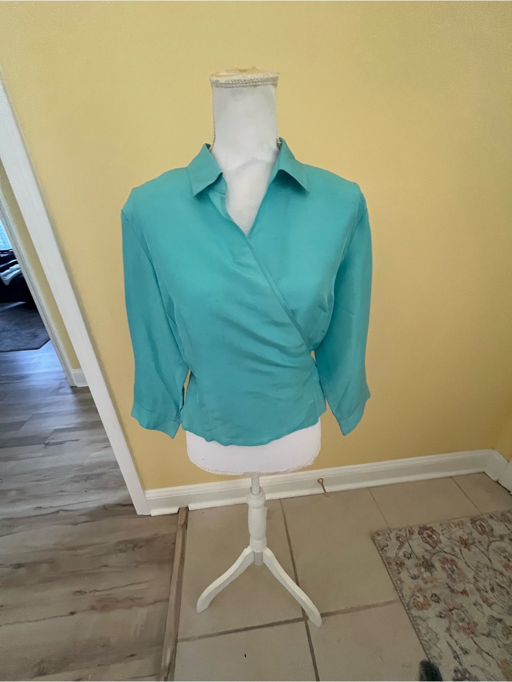 Finity Silk Turquoise Wrap-Front Blouse with Collar - Picture 5 of 6
